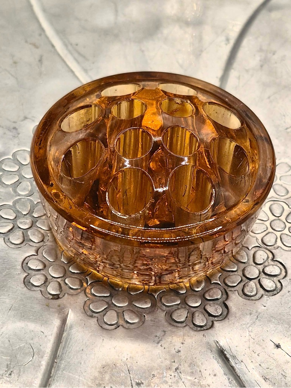 Vintage Amber Glass Flower Frog Marigold by Antique Imperial Glass 12 Stem Holes